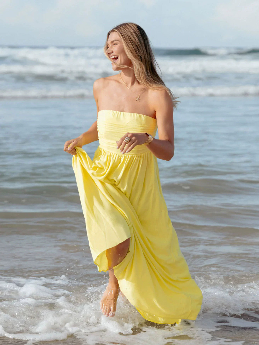 ZARA Summer Petite Yellow Strapless Sleeveless Elegant Sexy Long Dress